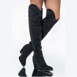 AZALEA WANG Nash Crystal Knee High Cowboy Boots Black